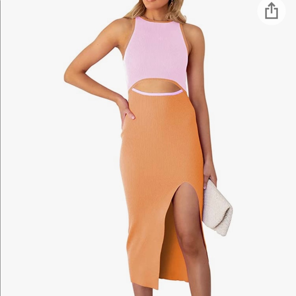 XS Stretchy Crew Neck Sleeveless Cutout Side Slit Knee Length Bodycon Midi Dress